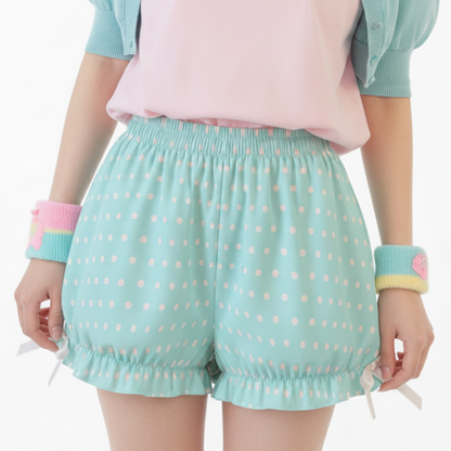 Kawaii Jfashion Japanese street fashion fairy kei yume kawaii Cute Polka Dots Bloomer Shorts (Fairy Kei Pastel Blue) dreamy pastel cutecore jojifuku heisei retro lightweight breathable Bows aqua