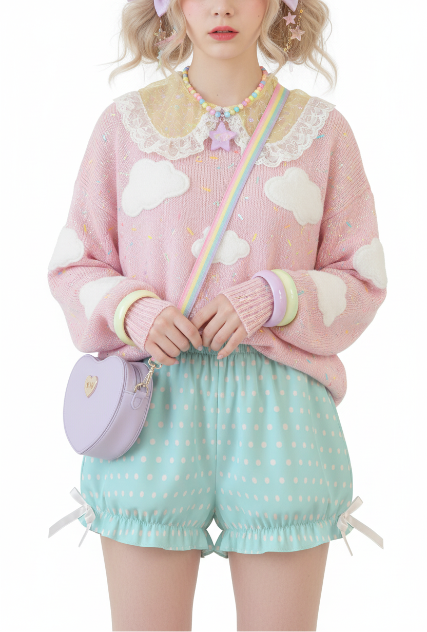 Kawaii Jfashion Japanese street fashion fairy kei yume kawaii Cute Polka Dots Bloomer Shorts (Fairy Kei Pastel Blue) dreamy pastel cutecore jojifuku heisei retro lightweight breathable Bows aqua