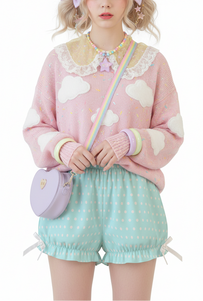 Kawaii Jfashion Japanese street fashion fairy kei yume kawaii Cute Polka Dots Bloomer Shorts (Fairy Kei Pastel Blue) dreamy pastel cutecore jojifuku heisei retro lightweight breathable Bows aqua