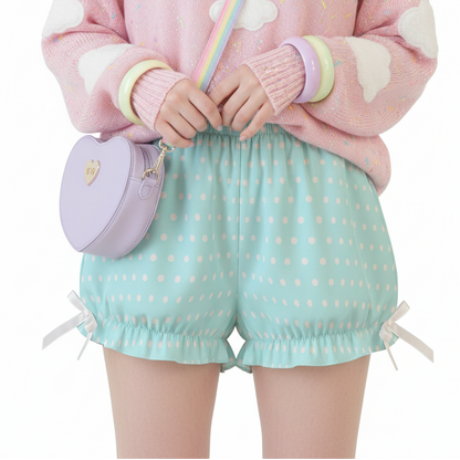 Kawaii Jfashion Japanese street fashion fairy kei yume kawaii Cute Polka Dots Bloomer Shorts (Fairy Kei Pastel Blue) dreamy pastel cutecore jojifuku heisei retro lightweight breathable Bows aqua