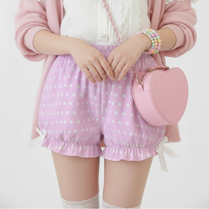 Kawaii Jfashion Japanese street fashion fairy kei yume kawaii Cute Polka Dots Bloomer Shorts (Fairy Kei Pastel Pink) dreamy pastel cutecore jojifuku heisei retro lightweight breathable Bows Bubblegum pink candy barbie