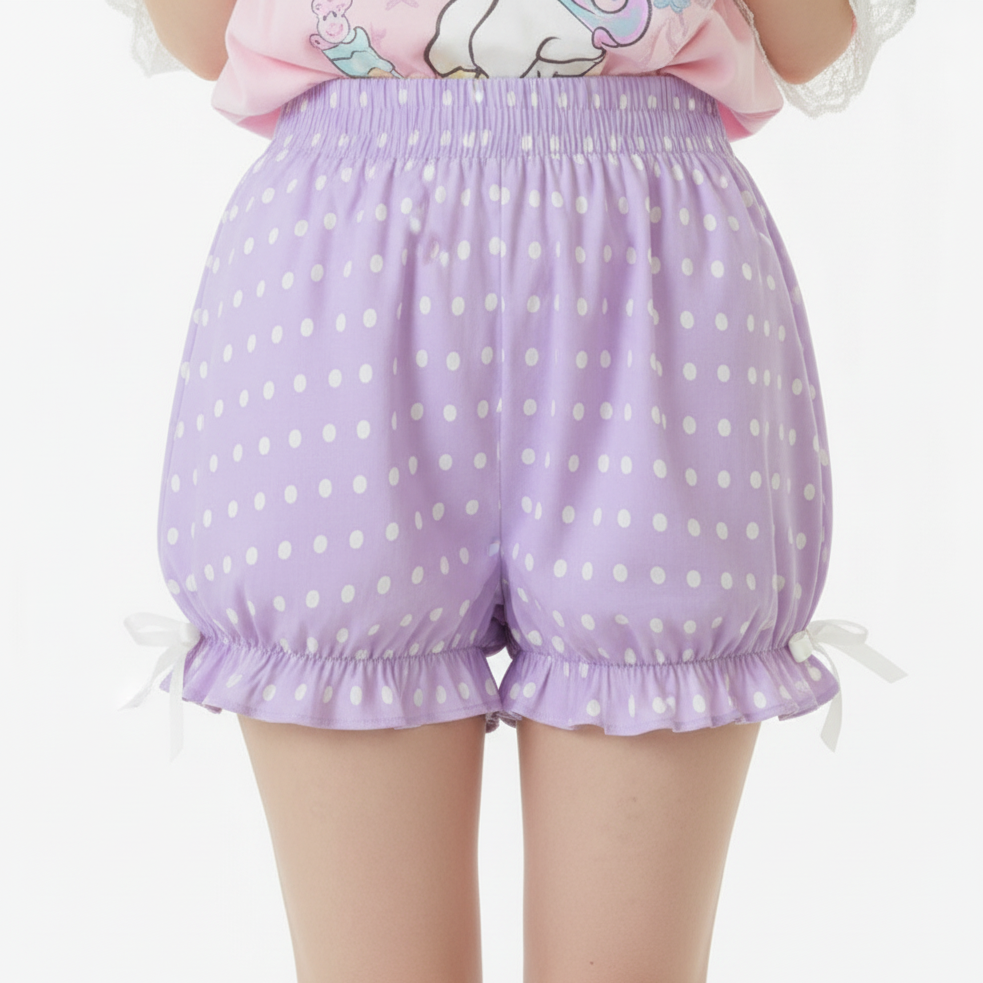 Kawaii Jfashion Japanese street fashion fairy kei yume kawaii Cute Polka Dots Bloomer Shorts (Fairy Kei Pastel Purple) dreamy pastel cutecore jojifuku heisei retro lightweight breathable Bows lavender, lilac, violet