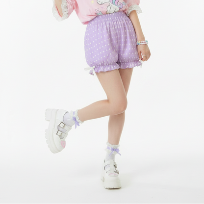 Kawaii Jfashion Japanese street fashion fairy kei yume kawaii Cute Polka Dots Bloomer Shorts (Fairy Kei Pastel Purple) dreamy pastel cutecore jojifuku heisei retro lightweight breathable Bows lavender, lilac, violet