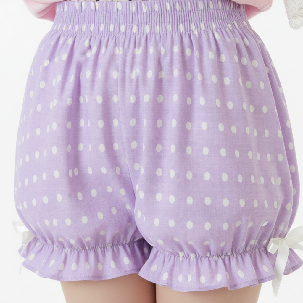 Kawaii Jfashion Japanese street fashion fairy kei yume kawaii Cute Polka Dots Bloomer Shorts (Fairy Kei Pastel Purple) dreamy pastel cutecore jojifuku heisei retro lightweight breathable Bows lavender, lilac, violet