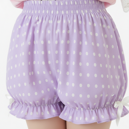 Kawaii Jfashion Japanese street fashion fairy kei yume kawaii Cute Polka Dots Bloomer Shorts (Fairy Kei Pastel Purple) dreamy pastel cutecore jojifuku heisei retro lightweight breathable Bows lavender, lilac, violet