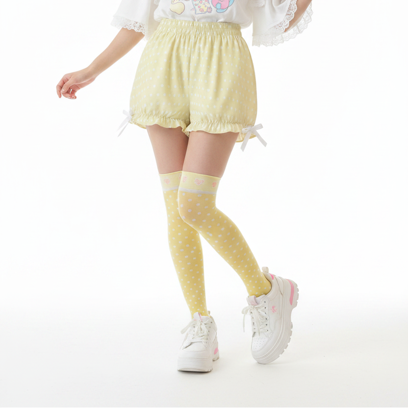 Kawaii Jfashion Japanese street fashion fairy kei yume kawaii Cute Polka Dots Bloomer Shorts (Fairy Kei Pastel Yellow) dreamy pastel cutecore jojifuku heisei retro lightweight breathable Bows