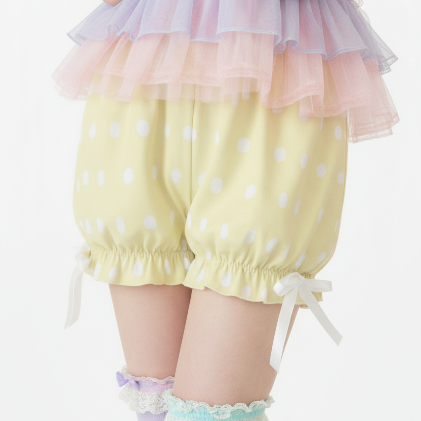 Kawaii Jfashion Japanese street fashion fairy kei yume kawaii Cute Polka Dots Bloomer Shorts (Fairy Kei Pastel Yellow) dreamy pastel cutecore jojifuku heisei retro lightweight breathable Bows sunshine