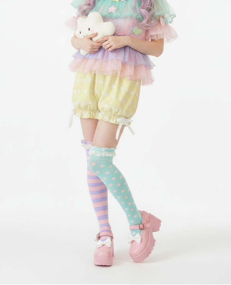 Kawaii Jfashion Japanese street fashion fairy kei yume kawaii Cute Polka Dots Bloomer Shorts (Fairy Kei Pastel Yellow) dreamy pastel cutecore jojifuku heisei retro lightweight breathable Bows sunshine