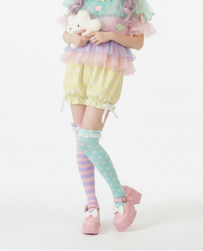 Kawaii Jfashion Japanese street fashion fairy kei yume kawaii Cute Polka Dots Bloomer Shorts (Fairy Kei Pastel Yellow) dreamy pastel cutecore jojifuku heisei retro lightweight breathable Bows sunshine