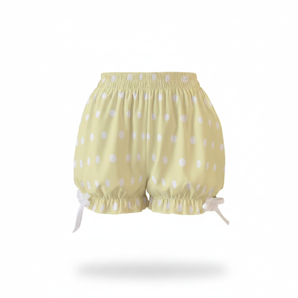 Kawaii Jfashion Japanese street fashion fairy kei yume kawaii Cute Polka Dots Bloomer Shorts (Fairy Kei Pastel Yellow) dreamy pastel cutecore jojifuku heisei retro lightweight breathable Bows sunshine
