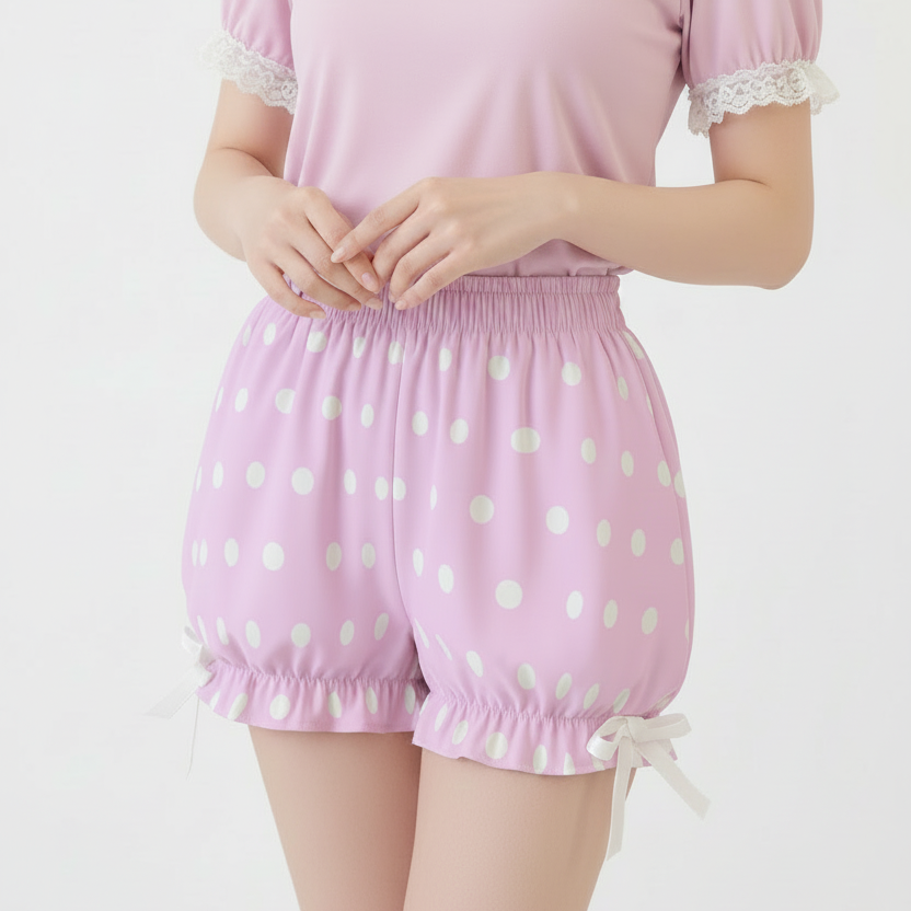 Kawaii Jfashion Japanese street fashion fairy kei yume kawaii Harajuku Cute Polka Dots Bloomer Shorts (Fairy Kei Pastel Pink) dreamy pastel cutecore jojifuku heisei retro lightweight breathable Bows Bubblegum pink candy barbie in style 
