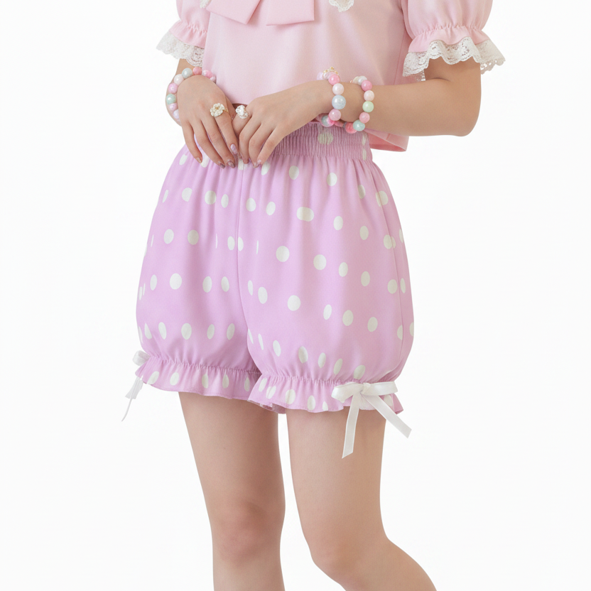 Kawaii Jfashion Japanese street fashion fairy kei yume kawaii Harajuku Cute Polka Dots Bloomer Shorts (Fairy Kei Pastel Pink) dreamy pastel cutecore jojifuku heisei retro lightweight breathable Bows Bubblegum pink candy barbie in style 