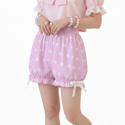 Kawaii Jfashion Japanese street fashion fairy kei yume kawaii Harajuku Cute Polka Dots Bloomer Shorts (Fairy Kei Pastel Pink) dreamy pastel cutecore jojifuku heisei retro lightweight breathable Bows Bubblegum pink candy barbie in style 