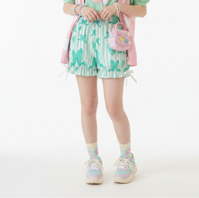 Kawaii Jfashion Japanese street fashion fairy kei yume kawaii dreamy pastel coquette aesthetic Harajuku  cutecore jojifuku heisei retro Dreamy Ribbons Bloomer Shorts (Green) lightweight breathable Bows pastel green mint green pastel green clover 