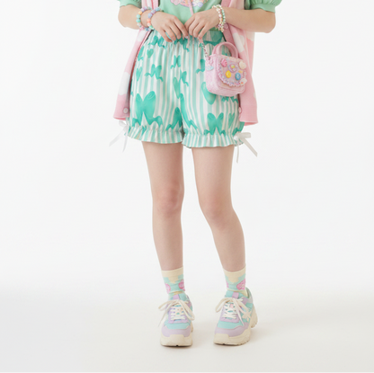 Kawaii Jfashion Japanese street fashion fairy kei yume kawaii dreamy pastel coquette aesthetic Harajuku  cutecore jojifuku heisei retro Dreamy Ribbons Bloomer Shorts (Green) lightweight breathable Bows pastel green mint green pastel green clover 