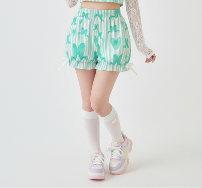 Kawaii Jfashion Japanese street fashion fairy kei yume kawaii dreamy pastel coquette aesthetic Harajuku  cutecore jojifuku heisei retro Dreamy Ribbons Bloomer Shorts (Green) lightweight breathable Bows pastel green mint green pastel green clover 