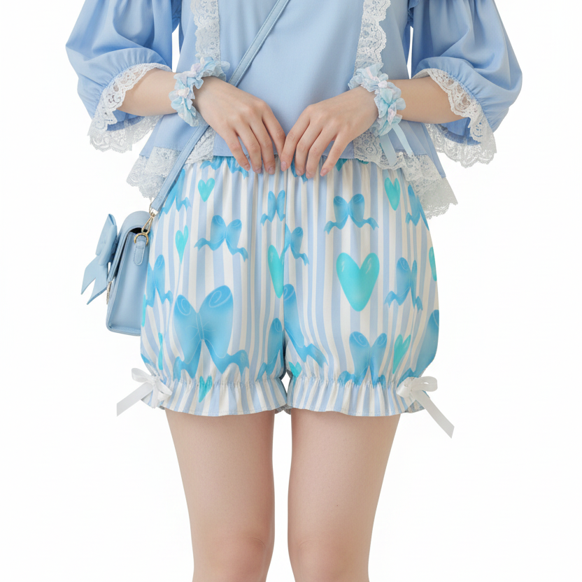 Kawaii Jfashion Japanese street fashion fairy kei yume kawaii dreamy pastel coquette aesthetic cutecore jojifuku heisei retro Dreamy Ribbons Bloomer Shorts (Blue) lightweight breathable Bows pastel blue aqua 
