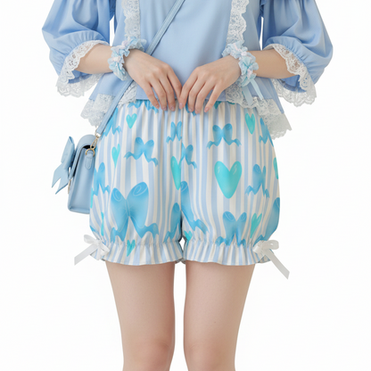 Kawaii Jfashion Japanese street fashion fairy kei yume kawaii dreamy pastel coquette aesthetic cutecore jojifuku heisei retro Dreamy Ribbons Bloomer Shorts (Blue) lightweight breathable Bows pastel blue aqua 