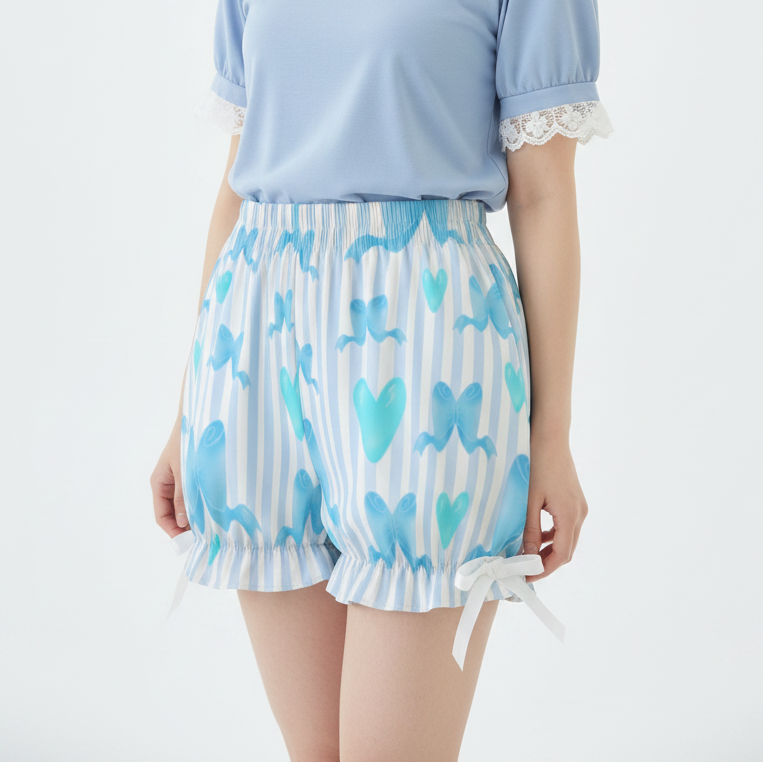 Kawaii Jfashion Japanese street fashion fairy kei yume kawaii dreamy pastel coquette aesthetic cutecore jojifuku heisei retro Dreamy Ribbons Bloomer Shorts (Blue) lightweight breathable Bows pastel blue aqua 