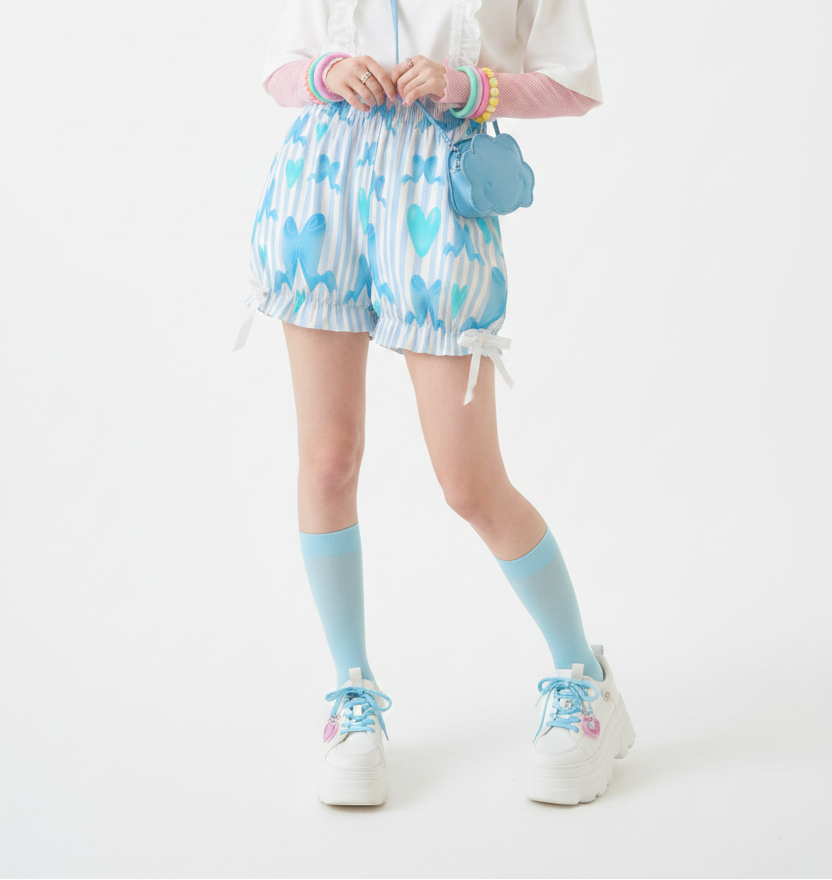 Kawaii Jfashion Japanese street fashion fairy kei yume kawaii dreamy pastel coquette aesthetic cutecore jojifuku heisei retro Dreamy Ribbons Bloomer Shorts (Blue) lightweight breathable Bows pastel blue aqua 