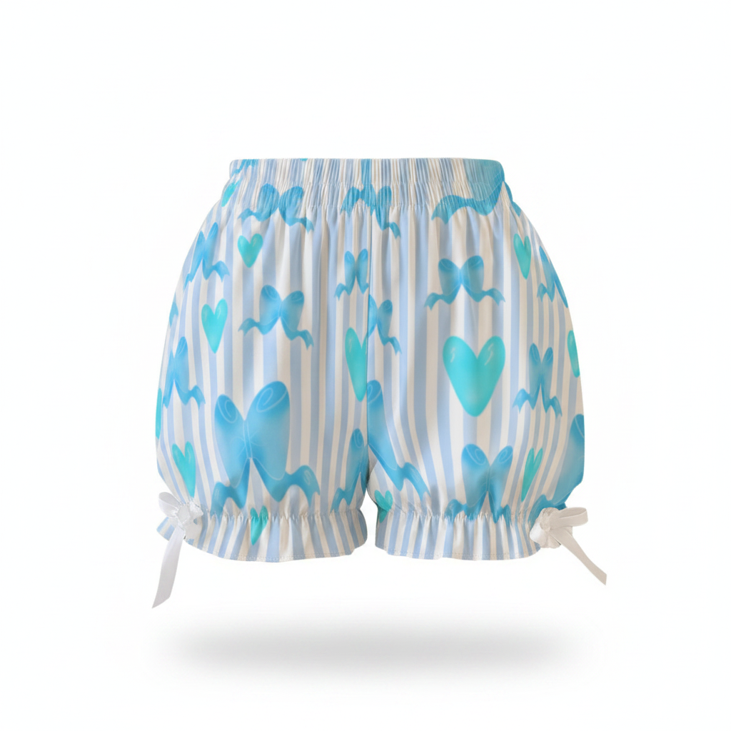 Kawaii Jfashion Japanese street fashion fairy kei yume kawaii dreamy pastel coquette aesthetic cutecore jojifuku heisei retro Dreamy Ribbons Bloomer Shorts (Blue) lightweight breathable Bows pastel blue aqua 