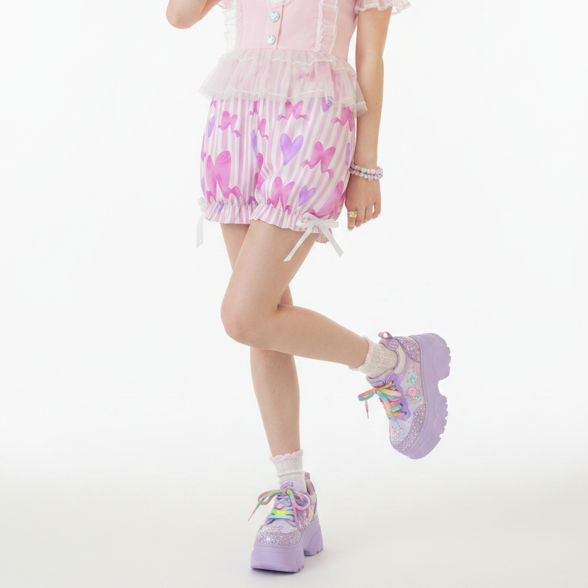 Kawaii Jfashion Japanese street fashion fairy kei yume kawaii dreamy pastel coquette aesthetic cutecore jojifuku heisei retro Dreamy Ribbons Bloomer Shorts (Pink) lightweight breathable Bows pastel pink barbie lovecore bubblegum 