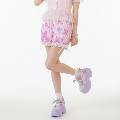 Kawaii Jfashion Japanese street fashion fairy kei yume kawaii dreamy pastel coquette aesthetic cutecore jojifuku heisei retro Dreamy Ribbons Bloomer Shorts (Pink) lightweight breathable Bows pastel pink barbie lovecore bubblegum 