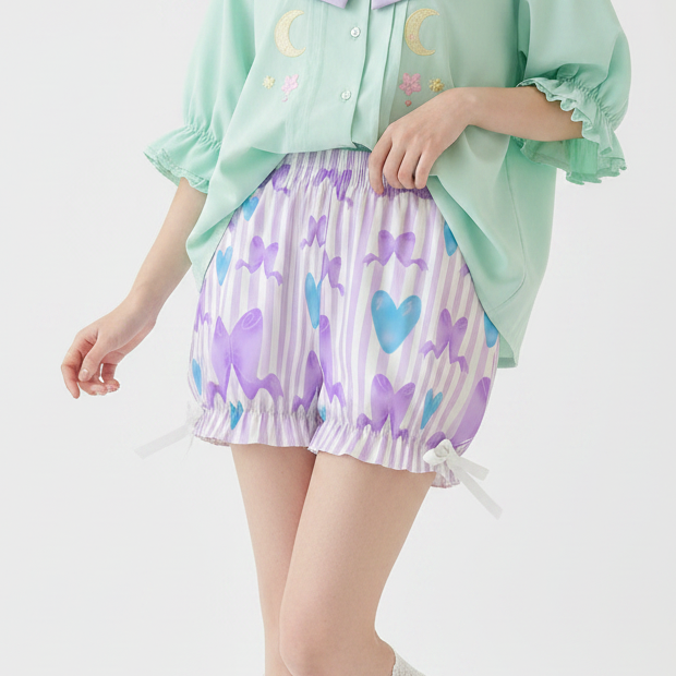 Kawaii Jfashion Japanese street fashion fairy kei yume kawaii dreamy pastel cutecore jojifuku heisei retro Dreamy Ribbons Bloomer Shorts (Purple) lightweight breathable Bows lavender lilac violet 