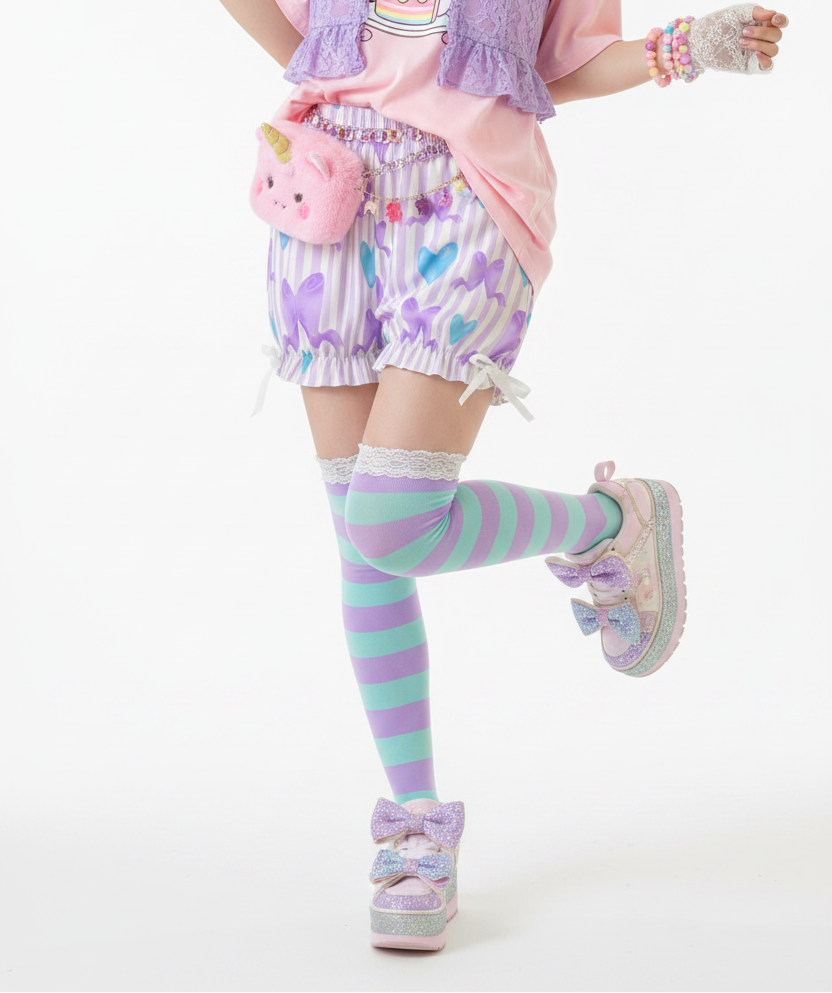 Kawaii Jfashion Japanese street fashion fairy kei yume kawaii dreamy pastel cutecore jojifuku heisei retro Dreamy Ribbons Bloomer Shorts (Purple) lightweight breathable Bows lavender lilac violet 