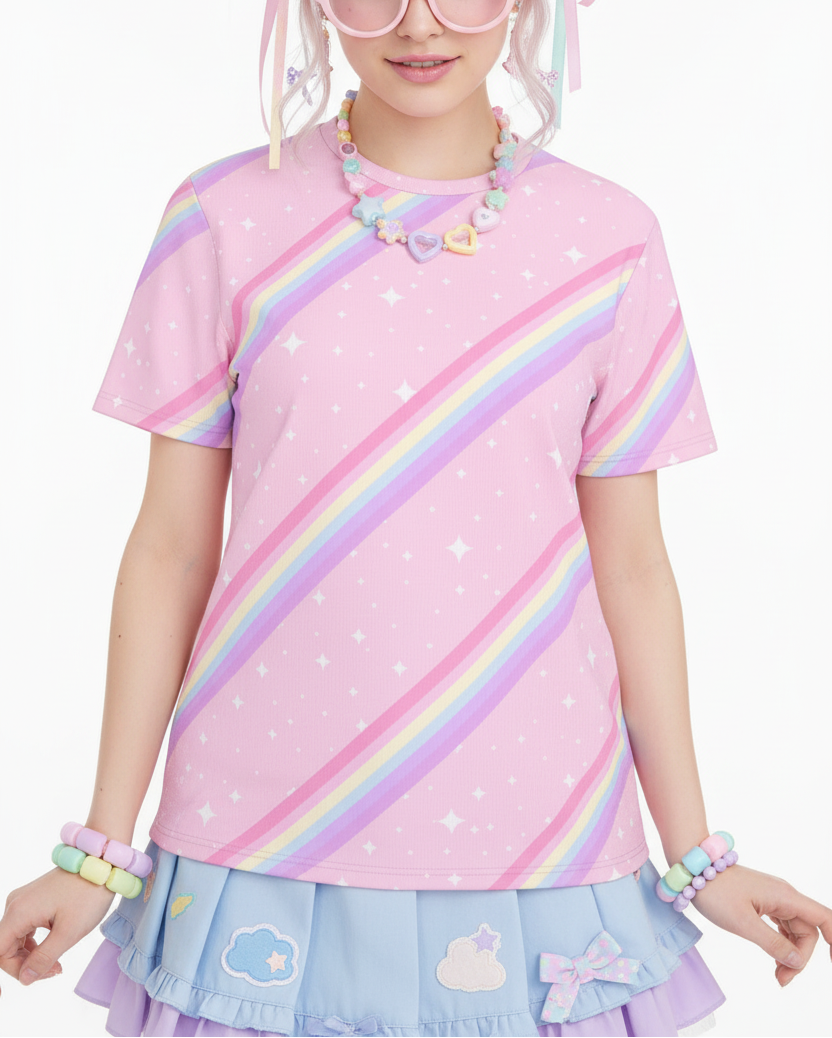 Kawaii Sparkle Cake Rainbow Beam Unisex Cotton T-Shirt fairy kei yume kawaii yumekawaii mahou kei magical girl pastel rainbow pink Harajuku style Jfashion sparkle cute cutecore jojifuku heisei retro Japanese street fashion 