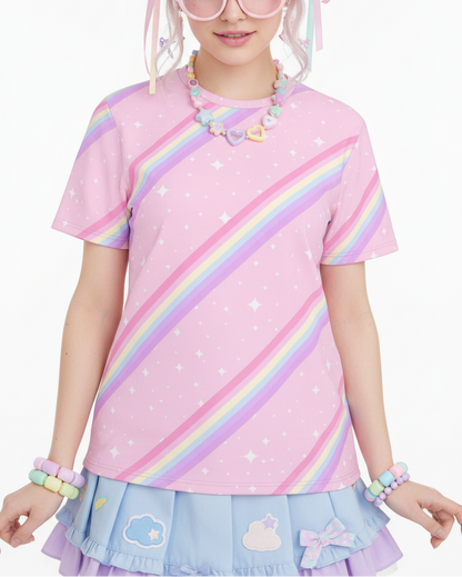 Kawaii Sparkle Cake Rainbow Beam Unisex Cotton T-Shirt fairy kei yume kawaii yumekawaii mahou kei magical girl pastel rainbow pink Harajuku style Jfashion sparkle cute cutecore jojifuku heisei retro Japanese street fashion 