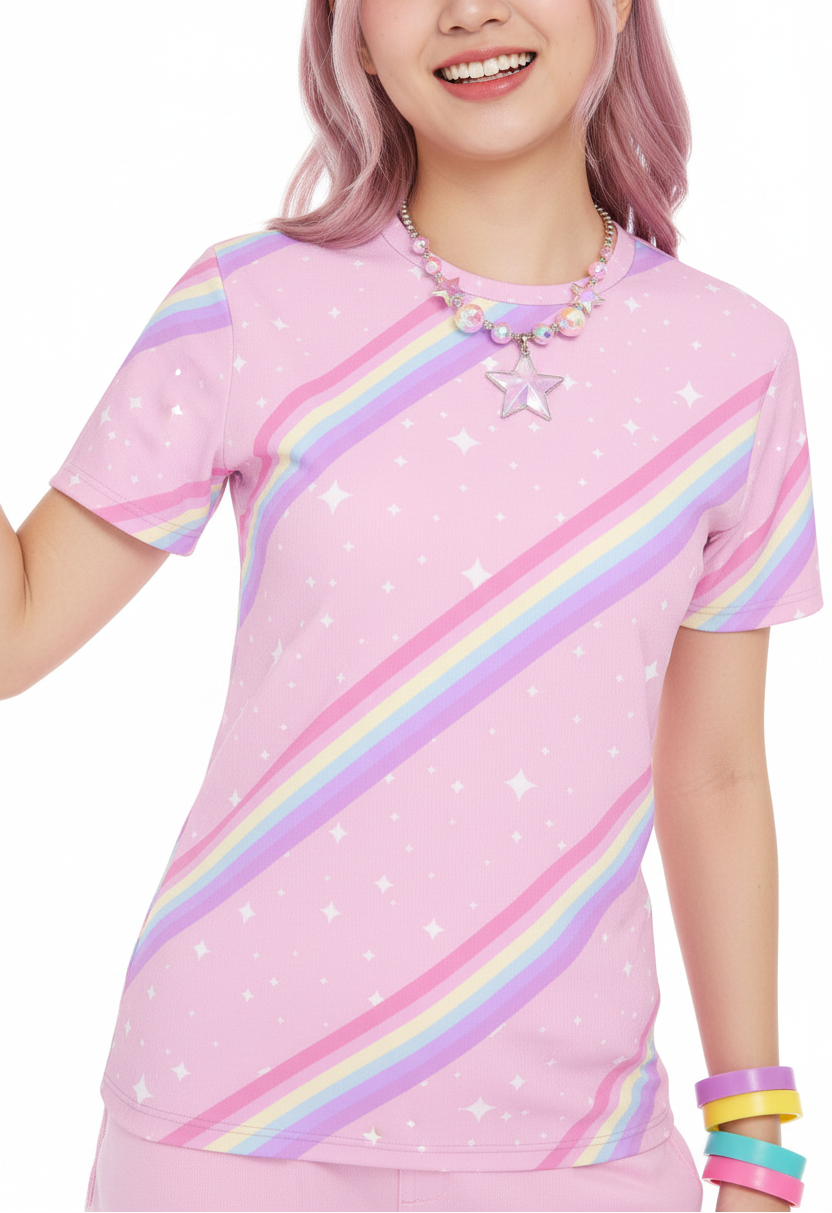 Kawaii Sparkle Cake Rainbow Beam Unisex Cotton T-Shirt fairy kei yume kawaii yumekawaii mahou kei magical girl pastel rainbow pink Harajuku style Jfashion sparkle cute cutecore jojifuku heisei retro Japanese street fashion 