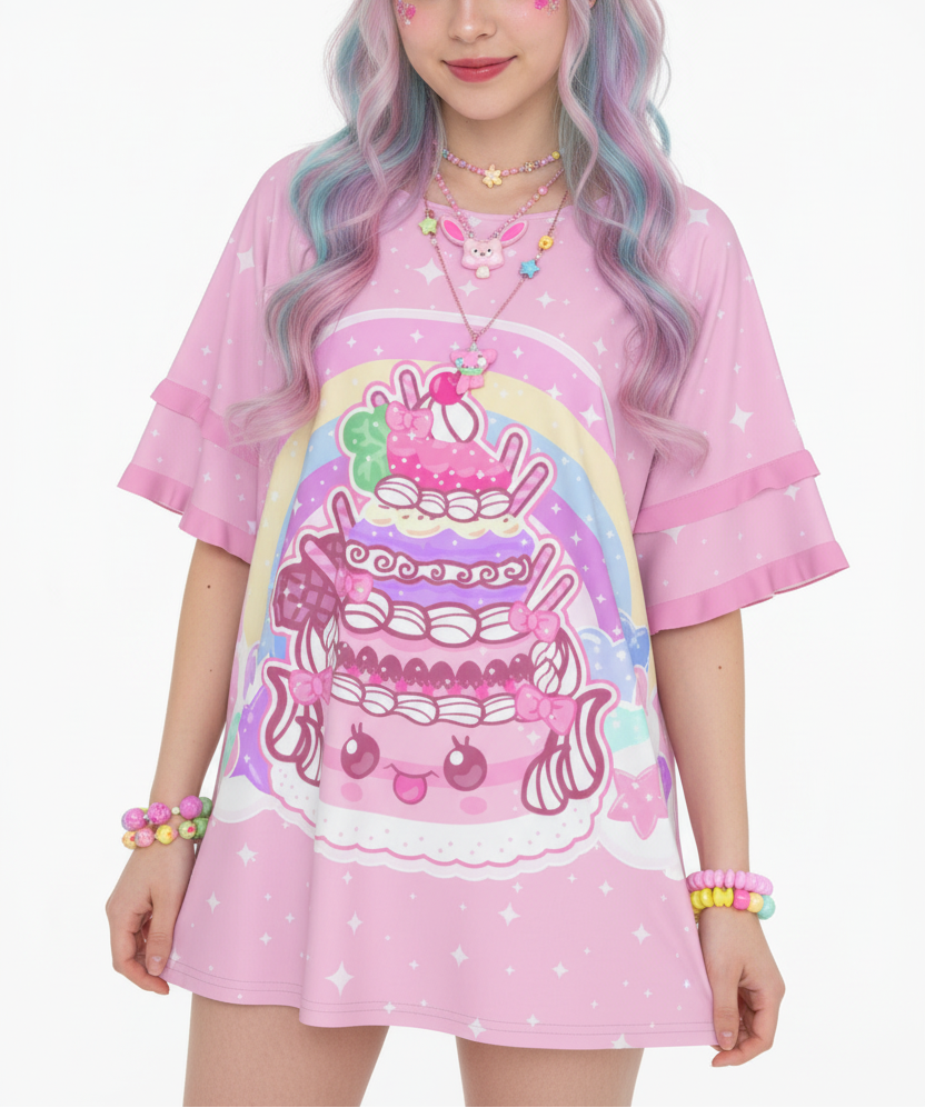 Kawaii Sparkle Cake Round Neck Raglan Sleeve Ruffle Frill pink T-Shirt jfashion harajuku fashion decora kei fairy kei yume kawaii cutecore jojifuku