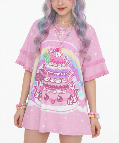 Kawaii Sparkle Cake Round Neck Raglan Sleeve Ruffle Frill pink T-Shirt jfashion harajuku fashion decora kei fairy kei yume kawaii cutecore jojifuku