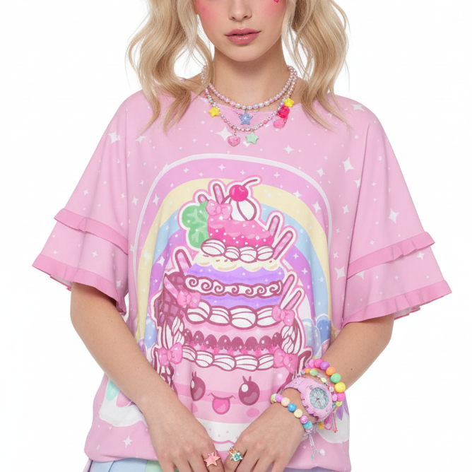 Kawaii Sparkle Cake Round Neck Raglan Sleeve Ruffle Frill T-Shirt jfashion harajuku fashion decora kei fairy kei yume kawaii cutecore jojifuku