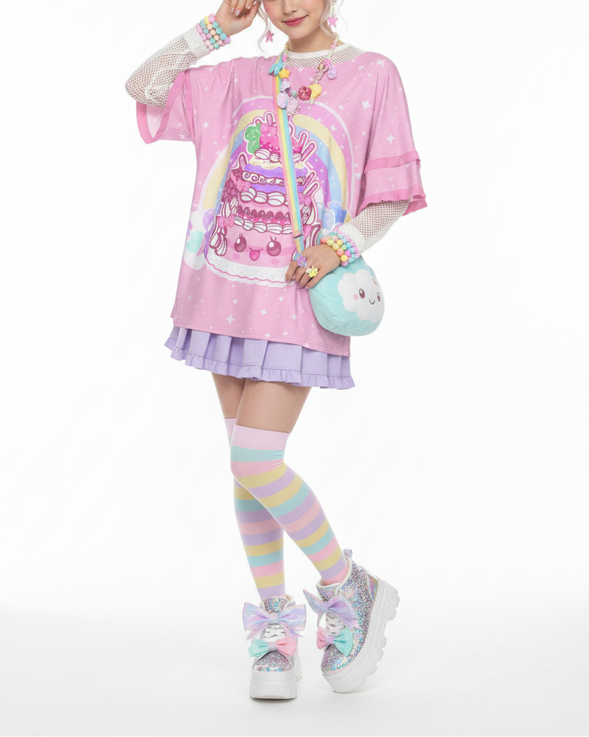 Kawaii Sparkle Cake Round Neck Raglan Sleeve Ruffle Frill pink T-Shirt jfashion harajuku fashion decora kei fairy kei yume kawaii cutecore jojifuku