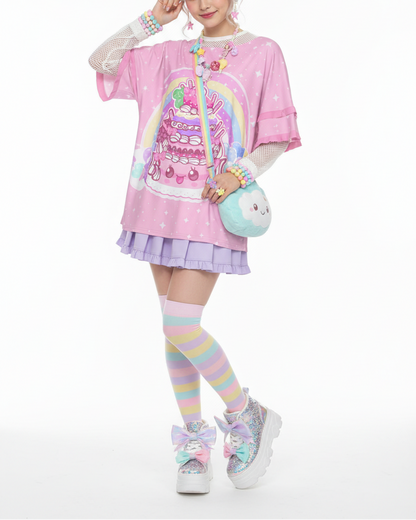 Kawaii Sparkle Cake Round Neck Raglan Sleeve Ruffle Frill pink T-Shirt jfashion harajuku fashion decora kei fairy kei yume kawaii cutecore jojifuku