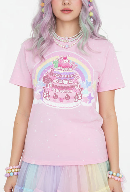 Kawaii Sparkle Cake Unisex Cotton T-Shirt Jfashion Haajuku stye pastel rainbow sweets candy cutecore jojofuku heisei retro fairy kei yume kawaii mahou kei magical girl pink 