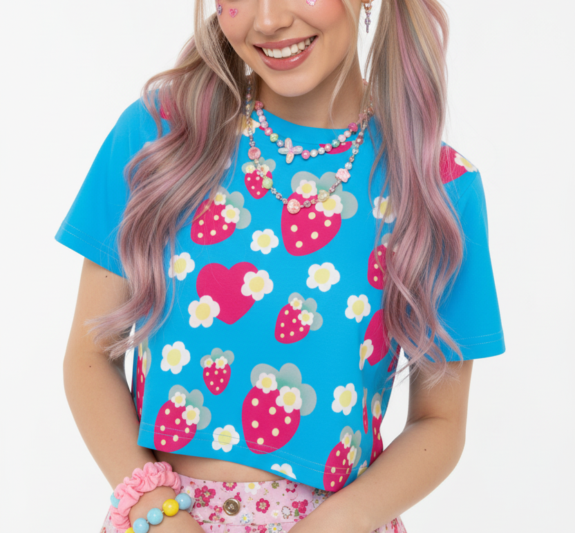 kawaii Strawberry Cutie Crop Top T-Shirt (Soda Pop Fruity Berry Blue)