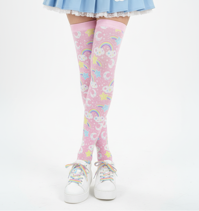 Kawaii Fairy kei yume kawaii cutecore Dreamy Rainbow Over Knee Stocking Socks (Pink) harajuku jfashion shooting stars clouds moons cute