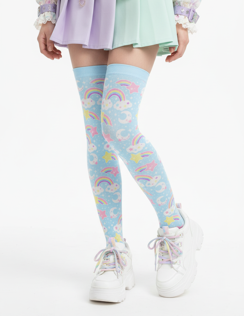 Kawaii Fairy kei yume kawaii cutecore Dreamy Rainbow Over Knee Stocking Socks (Blue) harajuku jfashion shooting stars clouds moons cute