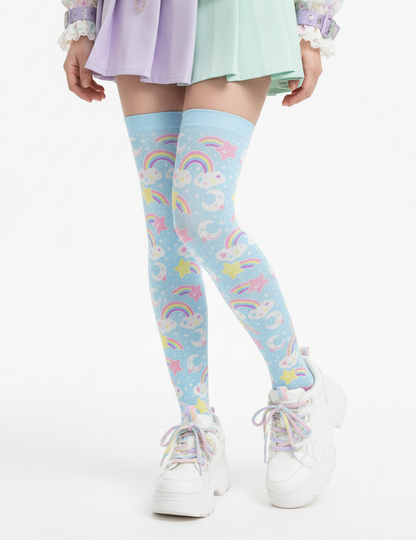 Kawaii Fairy kei yume kawaii cutecore Dreamy Rainbow Over Knee Stocking Socks (Blue) harajuku jfashion shooting stars clouds moons cute