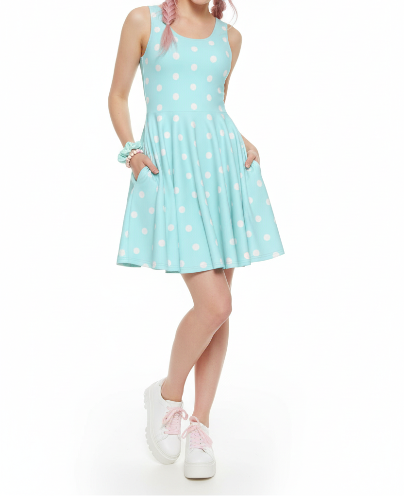 Kawaii fashion Cute Polka Dots Skater Dress With Pockets (Fairy Kei Pastel Blue) Yumekawaii yume kawaii Jfashion Harajuku style Japanese street fashion aqua blue sky blue retro rockabella 