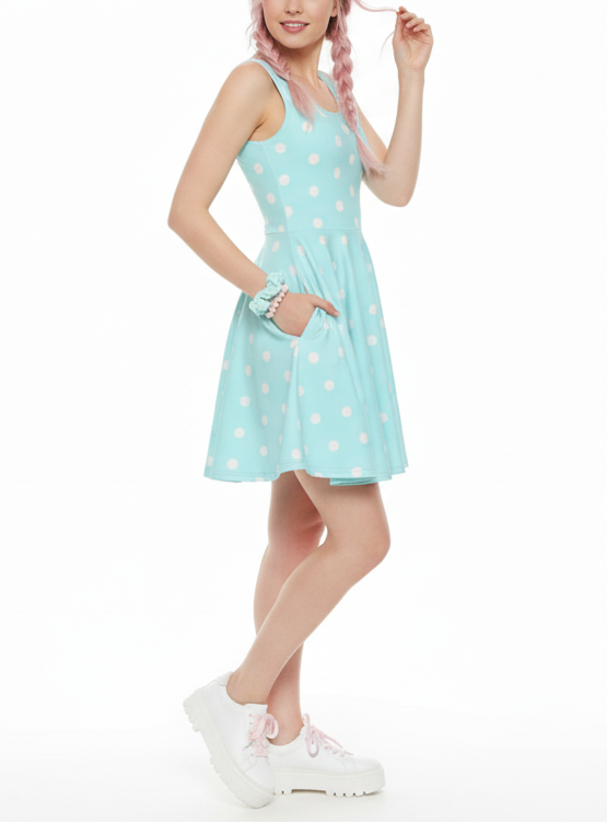Kawaii fashion Cute Polka Dots Skater Dress With Pockets (Fairy Kei Pastel Blue) Yumekawaii yume kawaii Jfashion Harajuku style Japanese street fashion aqua blue sky blue retro rockabella 