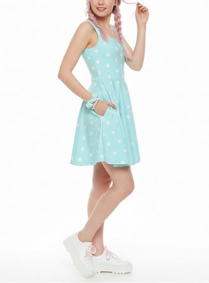 Kawaii fashion Cute Polka Dots Skater Dress With Pockets (Fairy Kei Pastel Blue) Yumekawaii yume kawaii Jfashion Harajuku style Japanese street fashion aqua blue sky blue retro rockabella 
