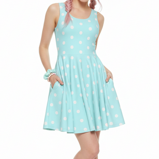 Kawaii fashion Cute Polka Dots Skater Dress With Pockets (Fairy Kei Pastel Blue) Yumekawaii yume kawaii Jfashion Harajuku style Japanese street fashion aqua blue sky blue retro rockabella 