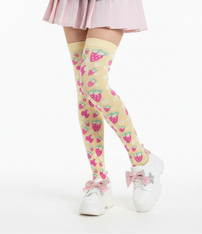 Kawaii fashion Decora Kei Fairy kei Yume kawaii Kidcore jojifuku jfashion cutecore harajuku jfashion Japanese street fashion cute pantyhose vivid colors bold dopamine dressing Strawberry Cutie Over Knee Stocking Socks (Fruity Berry Yellow)