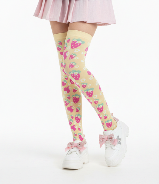 Kawaii fashion Decora Kei Fairy kei Yume kawaii Kidcore jojifuku jfashion cutecore harajuku jfashion Japanese street fashion cute pantyhose vivid colors bold dopamine dressing Strawberry Cutie Over Knee Stocking Socks (Fruity Berry Yellow)