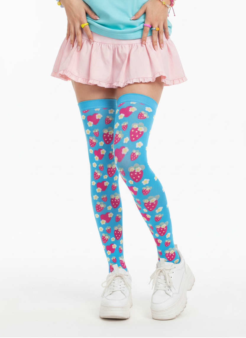 Kawaii fashion Decora Kei Kidcore jojifuku jfashion cutecore harajuku jfashion Japanese street fashion cute pantyhose vivid colors bold dopamine dressing  Strawberry Cutie Over Knee Stocking Socks (Soda Pop Fruity Berry Blue)