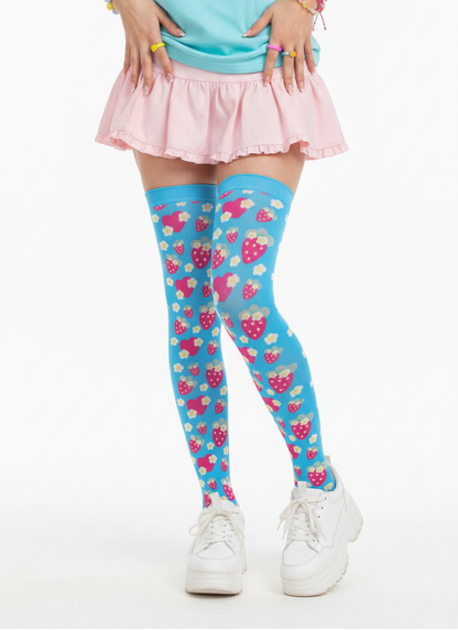 Kawaii fashion Decora Kei Kidcore jojifuku jfashion cutecore harajuku jfashion Japanese street fashion cute pantyhose vivid colors bold dopamine dressing  Strawberry Cutie Over Knee Stocking Socks (Soda Pop Fruity Berry Blue)